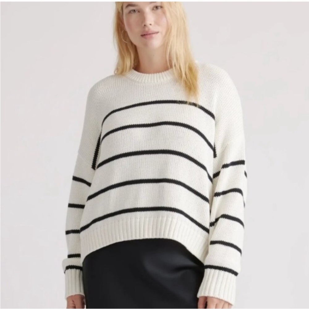 Quince 100% Organic Cotton Striped Crew Neck Sweater in Ivory & Black Sz S